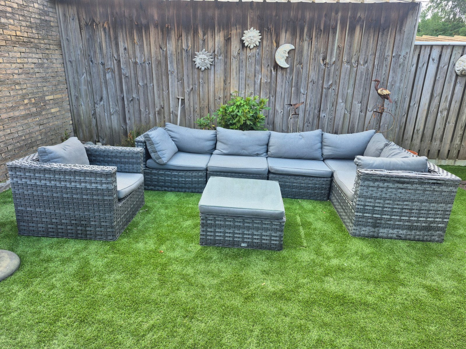Grote Wicker Loungeset met Glazen Tafel en Kussens, Tuin en Terras, Tuinsets en Loungesets, Ophalen, Bank, Gebruikt, 6 zitplaatsen
