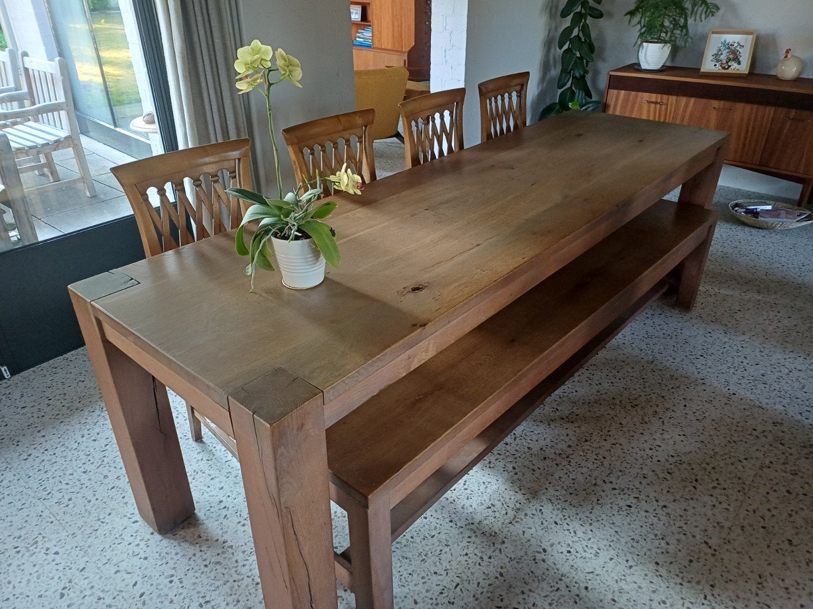 Eethoek set, tafel, bank en 4 stoelen, Ophalen, Gebruikt, Eikenhout, 200 cm of meer