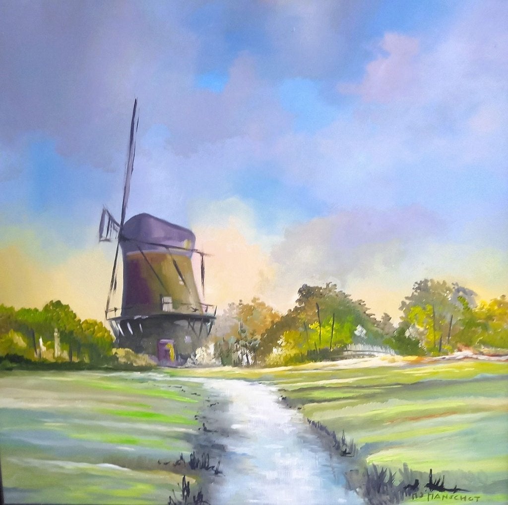 De molen, Landschap, Hout, Olieverf, Ingelijst