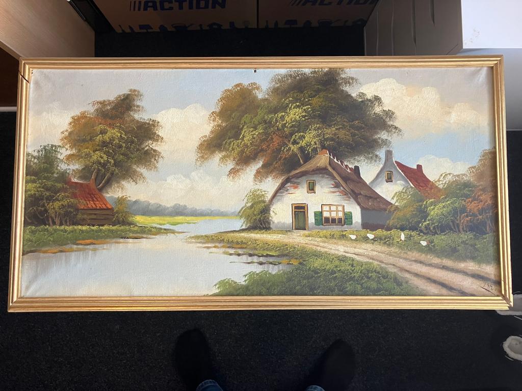Landelijk schilderij boerderij aan het water, Antiek en Kunst, Ophalen of Verzenden