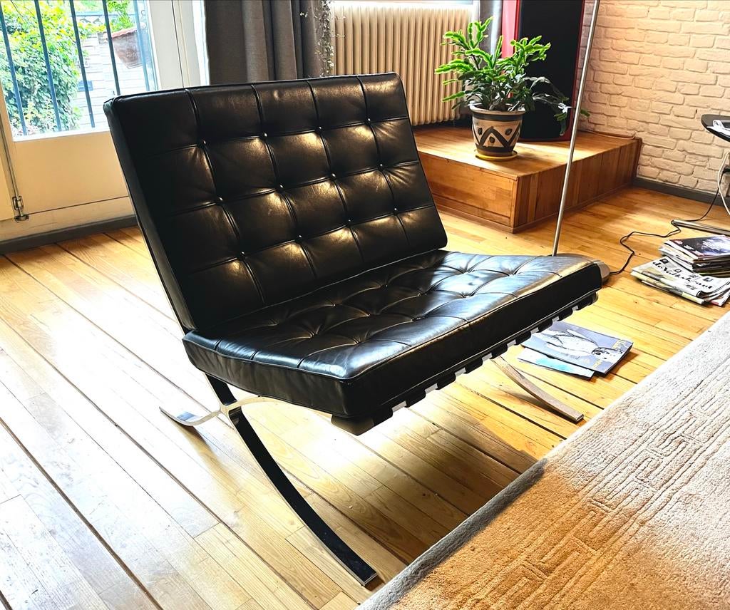Barcelona stijl stoel - Zwart Leer & Chroom, Huis en Inrichting, Fauteuils, Ophalen, Zo goed als nieuw, 50 tot 75 cm, Leer