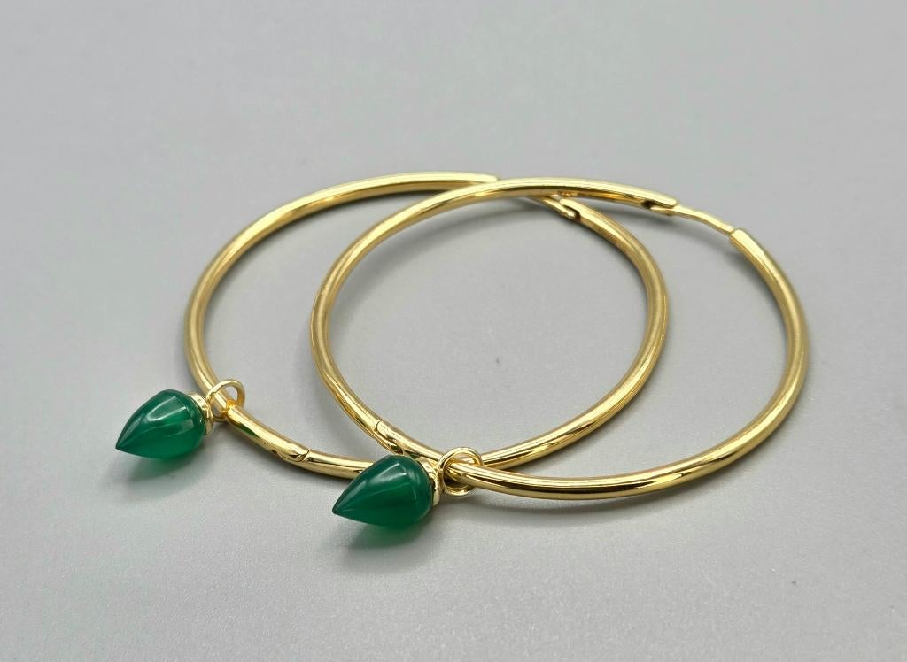 Goud op zilver klapcreolen edelstenen groene onyx. 2026/209, Hangers, ., Nieuw, Ophalen of Verzenden