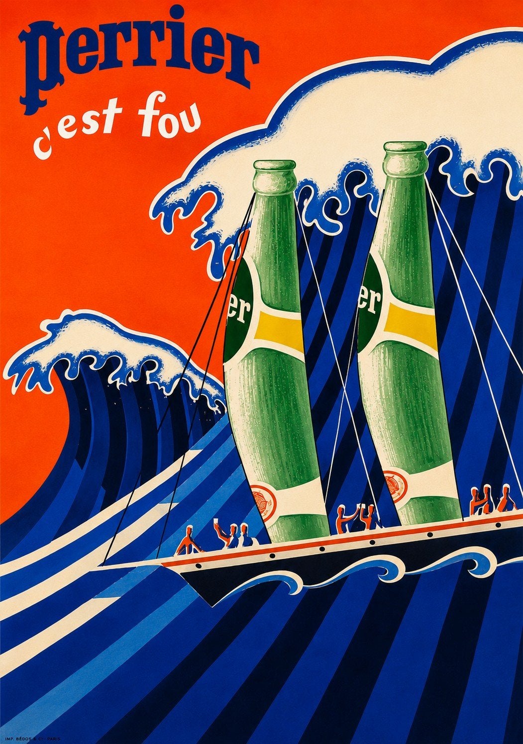 Vintage Perrier 'C'est Fou' reclame poster, Verzamelen, Ophalen of Verzenden, A1 t/m A3, Reclame, Rechthoekig Staand