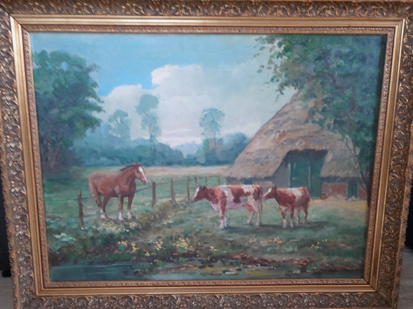 Schilderij Jan Koning - Landschap met paard en koeien, Antiek en Kunst, Doek, Ophalen of Verzenden, Landschap, Klassiek