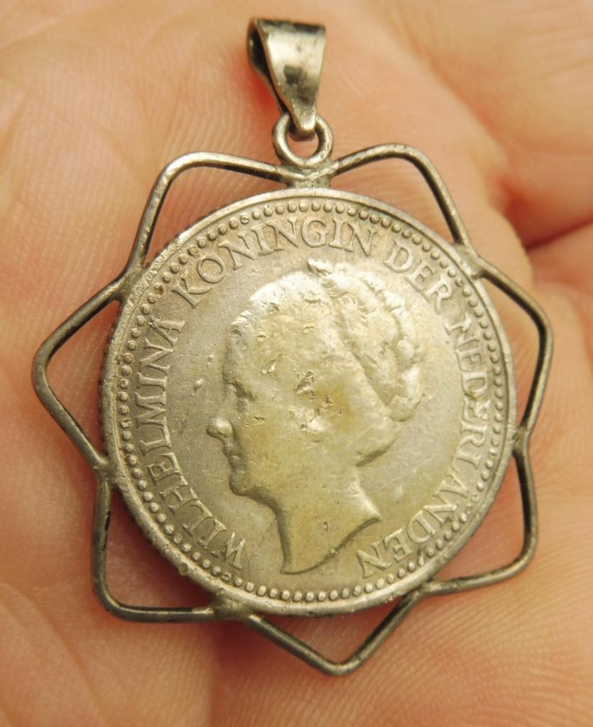 Antieke zilveren Halve Gulden 1922 Wilhelmina sieraadhanger, Verzenden, Zilver, Hanger