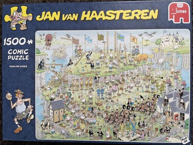 Jan van Haasteren puzzel Highland games, Ophalen of Verzenden, 500 t/m 1500 stukjes, Gebruikt, Legpuzzel