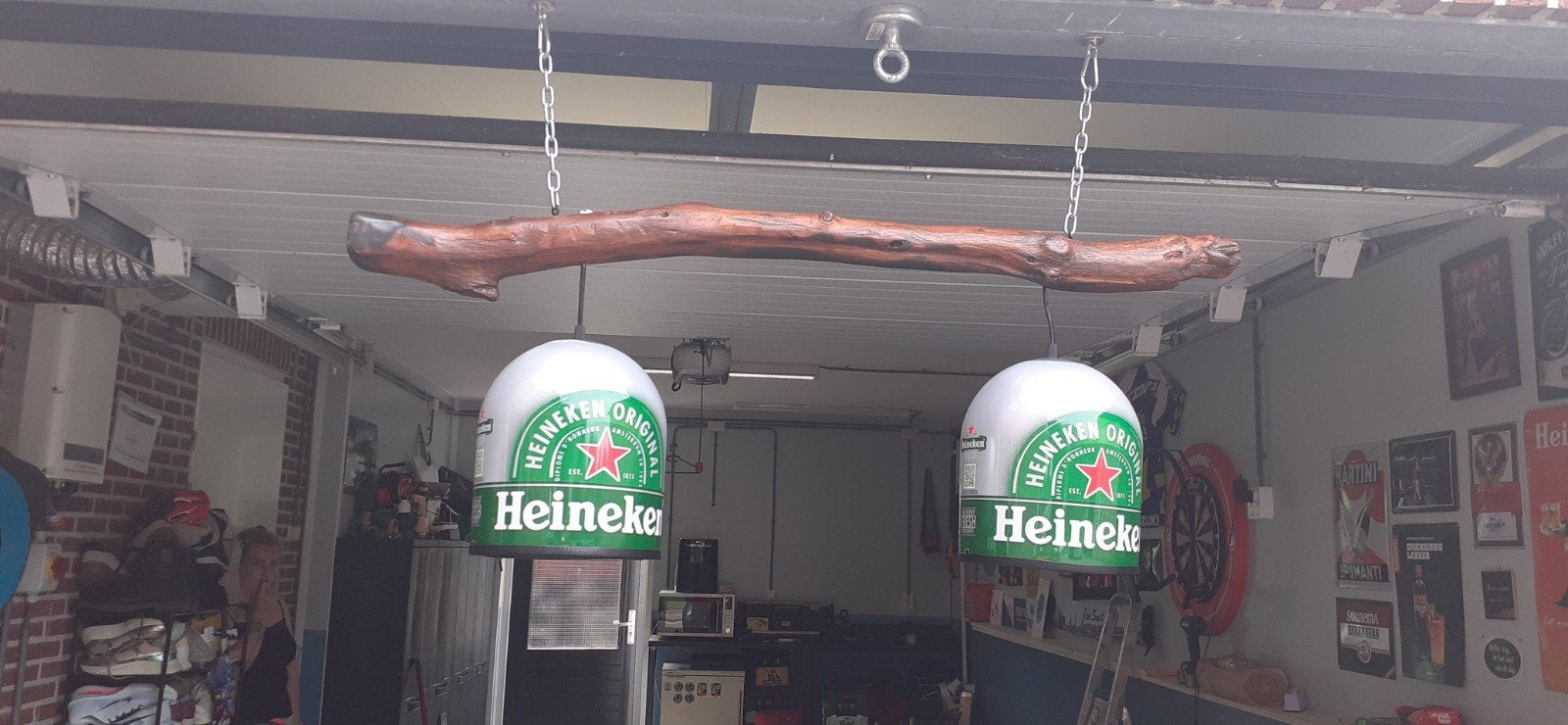 3 x Heineken lampen, 2 lampen gemonteerd aan balk/stam, Ophalen of Verzenden, Minder dan 50 cm, Hout, Gebruikt