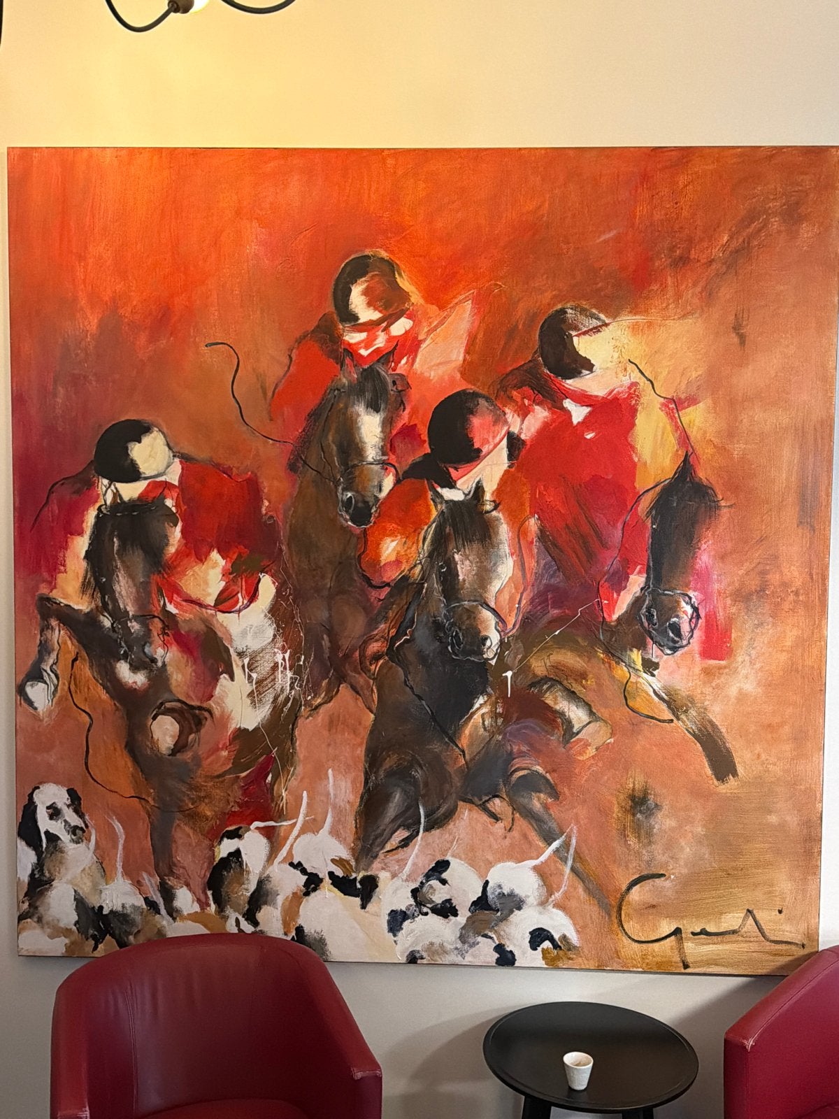 gerdine duijsens Schilderij: Paardenrace Jockeys en Honden, Antiek en Kunst, Ophalen, Doek, Expressionistisch, Dieren