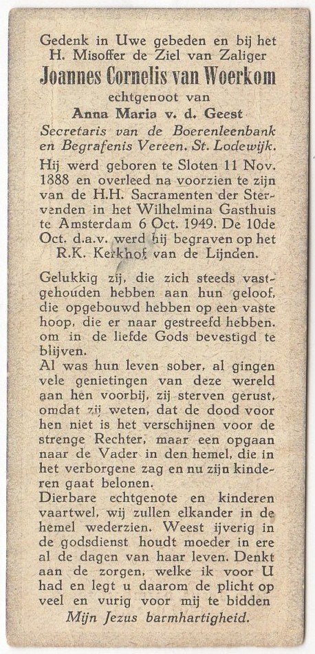 Joannes C. van Woerkom 1888 Sloten + 1949 Amsterdam, 60 jaar, Verzenden