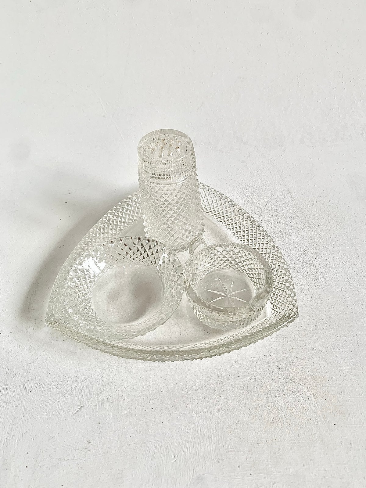 Kristallen schaaltje met peper en zout en mosterd stelletje, Ophalen of Verzenden