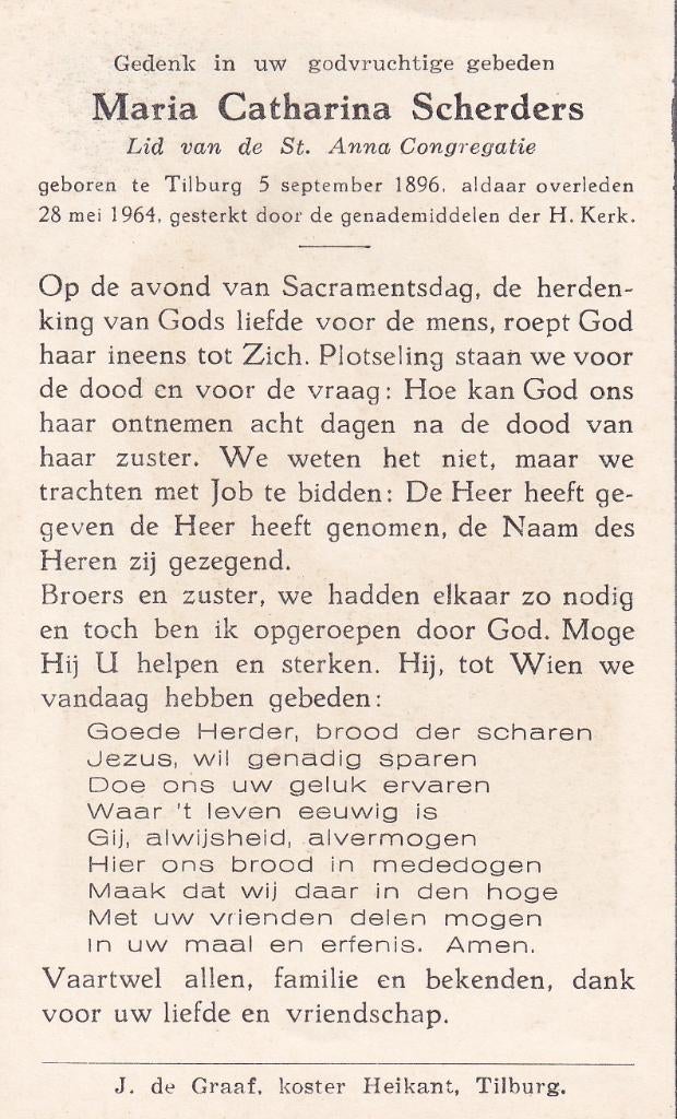 Scherders Maria 1896 Tilburg 1964, Ophalen of Verzenden, Bidprentje