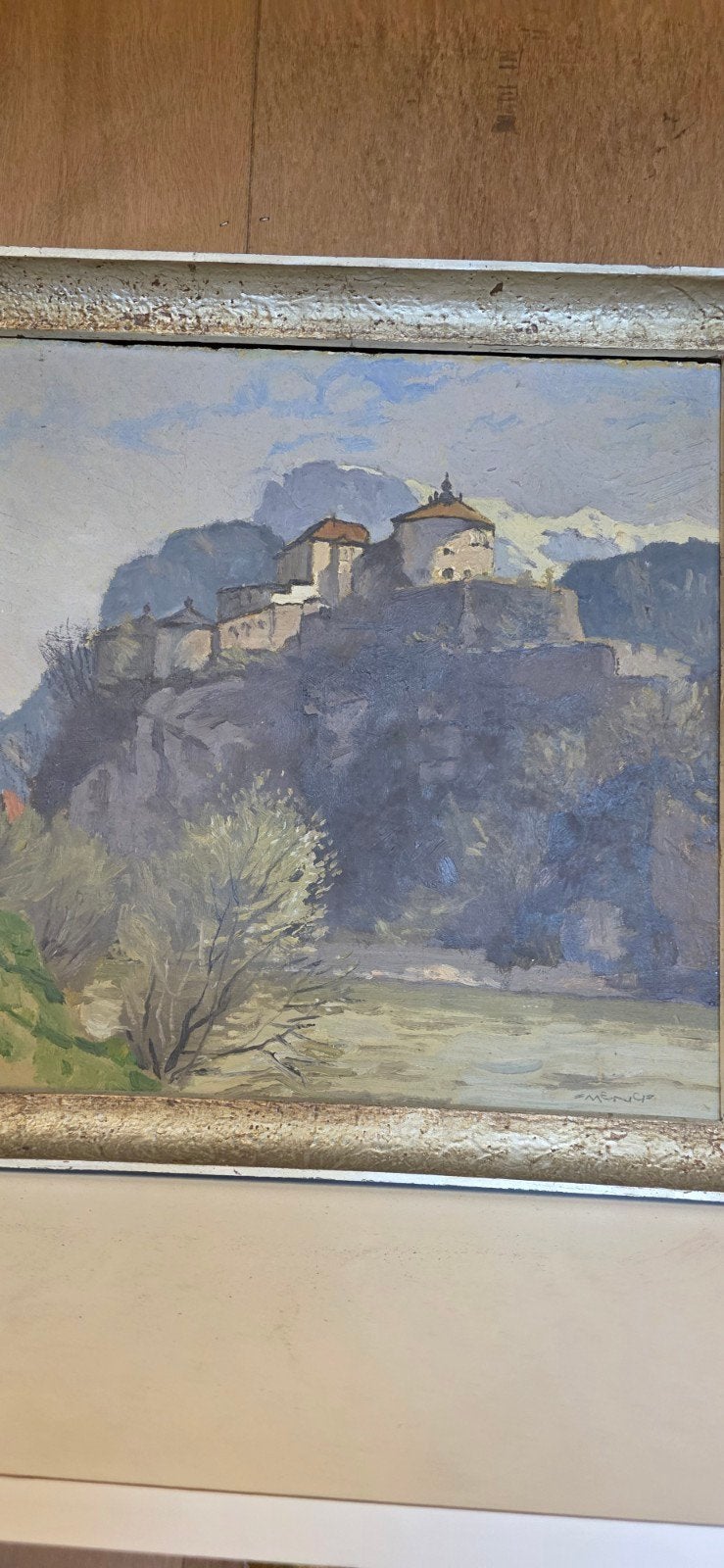 Schilderij Josef Meng - Berglandschap met kasteel, Ophalen