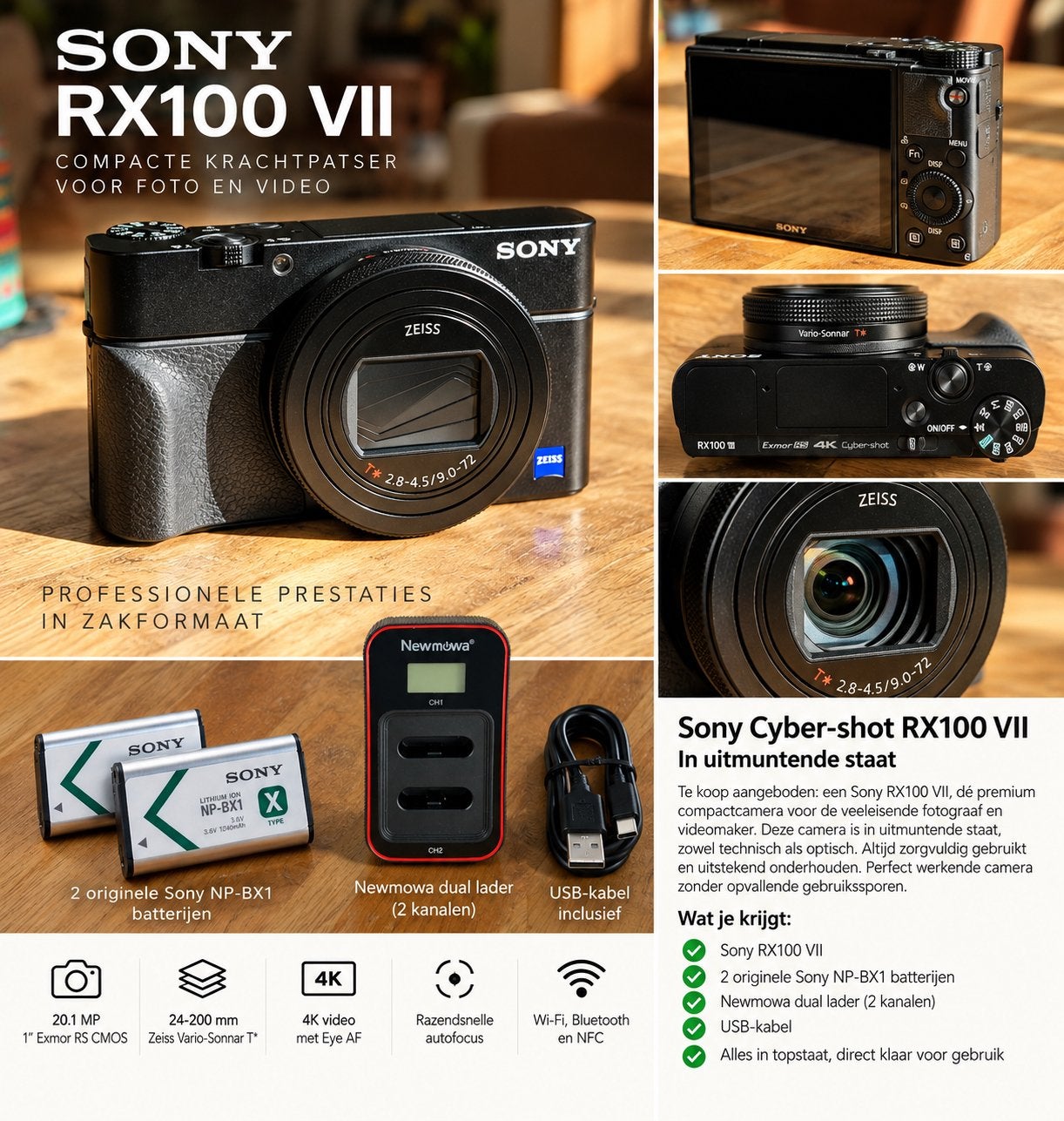 Sony RX100 VII | ZEISS 24-200mm | 2  accu’s | Dual Charger, Bluetooth, Ophalen of Verzenden, Zo goed als nieuw, Compactcamera