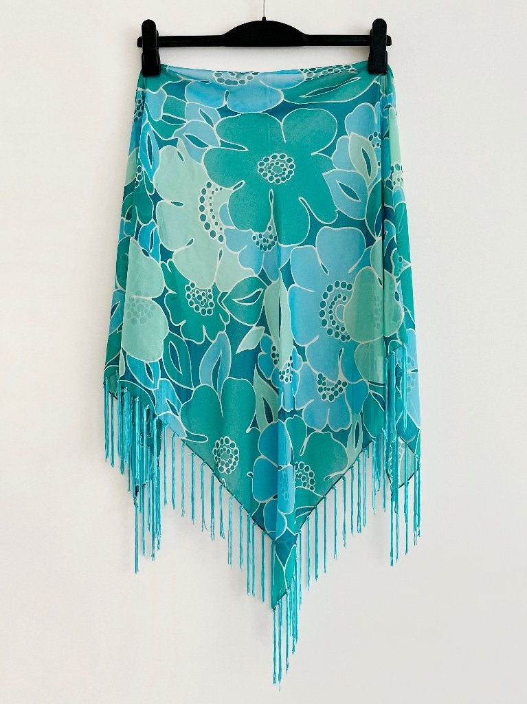 Semi-transparante pareo franjes aqua turquoise bloemen print, Ophalen of Verzenden, Zo goed als nieuw, Meerkleurig, Overige typen