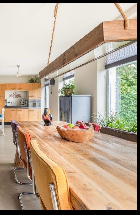 Robuuste houten hanglamp met touw en 3x E27 fitting, Ophalen, Gebruikt, Hout