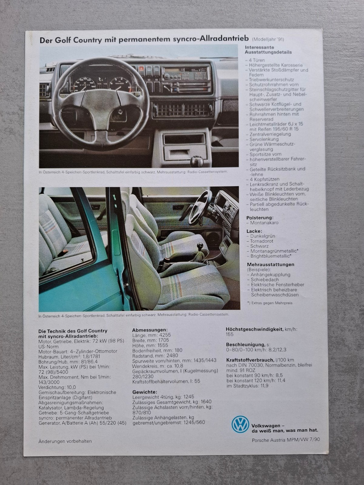 Volkswagen Golf Country sheet - 1990, Ophalen of Verzenden, Zo goed als nieuw, Volkswagen