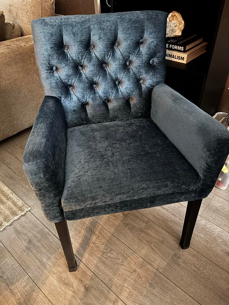 6 Gecapitonneerde Antiekblauwe Eetstoelen - Gebruikt, Gebruikt, Blauw, Ophalen of Verzenden, Stof