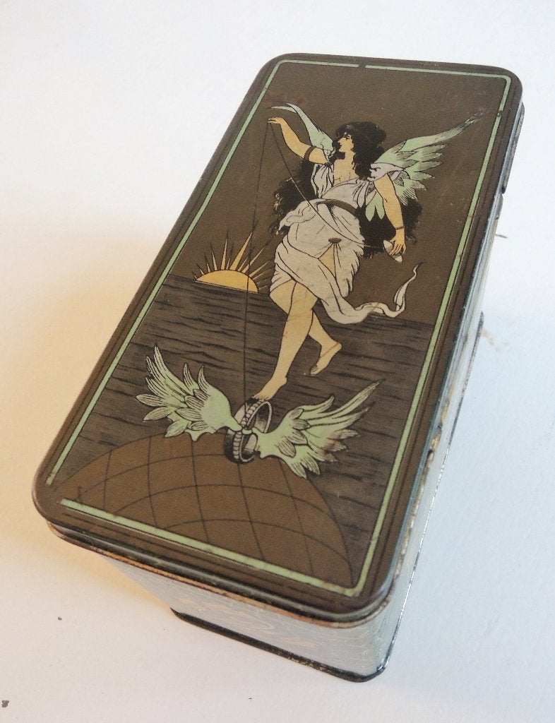 Antiek Art Nouveau-blik met engel, Ophalen of Verzenden, Gebruikt, Overige