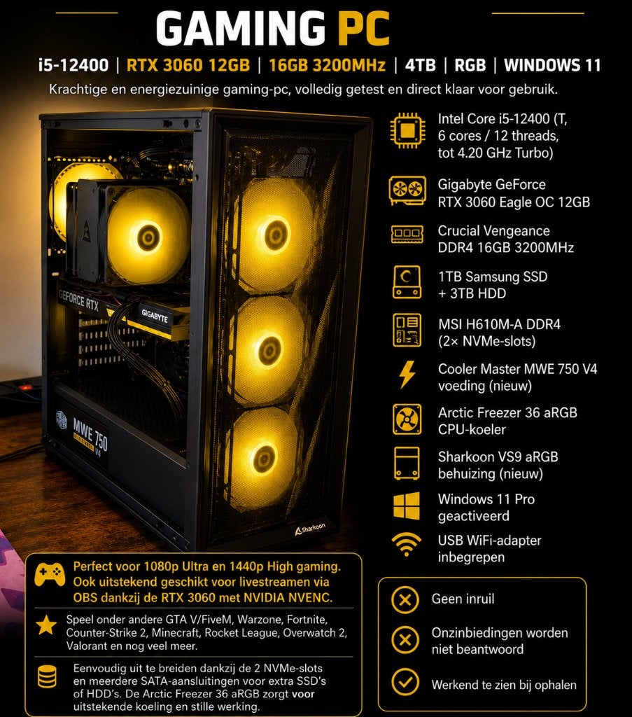 Gaming PC | i5-12400 | RTX 3060 12GB | 16GB | 4TB | RGB |, ~4TB, Refurbished, Ophalen of Verzenden, Gaming