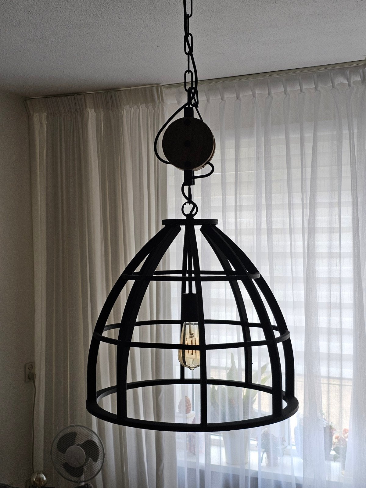 Industriële hanglamp met katrol - Zwart metaal, Ophalen, E27 (groot), Zo goed als nieuw, Industrieel, Vintage
