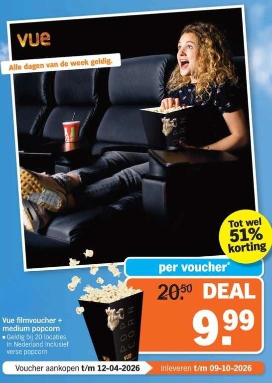 4 maal Vue Filmvoucher + Medium Popcorn, Drie personen of meer, Vrijkaartje alle films