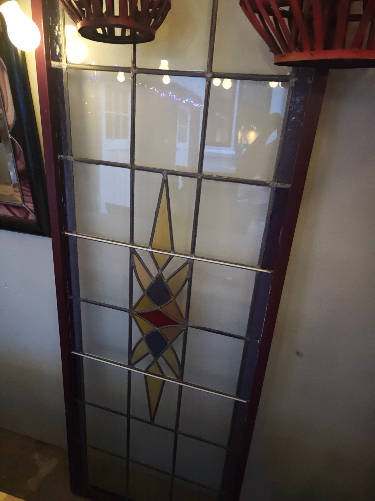Uniek glas-in-lood raam met paarse accenten, Ophalen, Gevelraam of Ruit, Gebruikt, Minder dan 80 cm