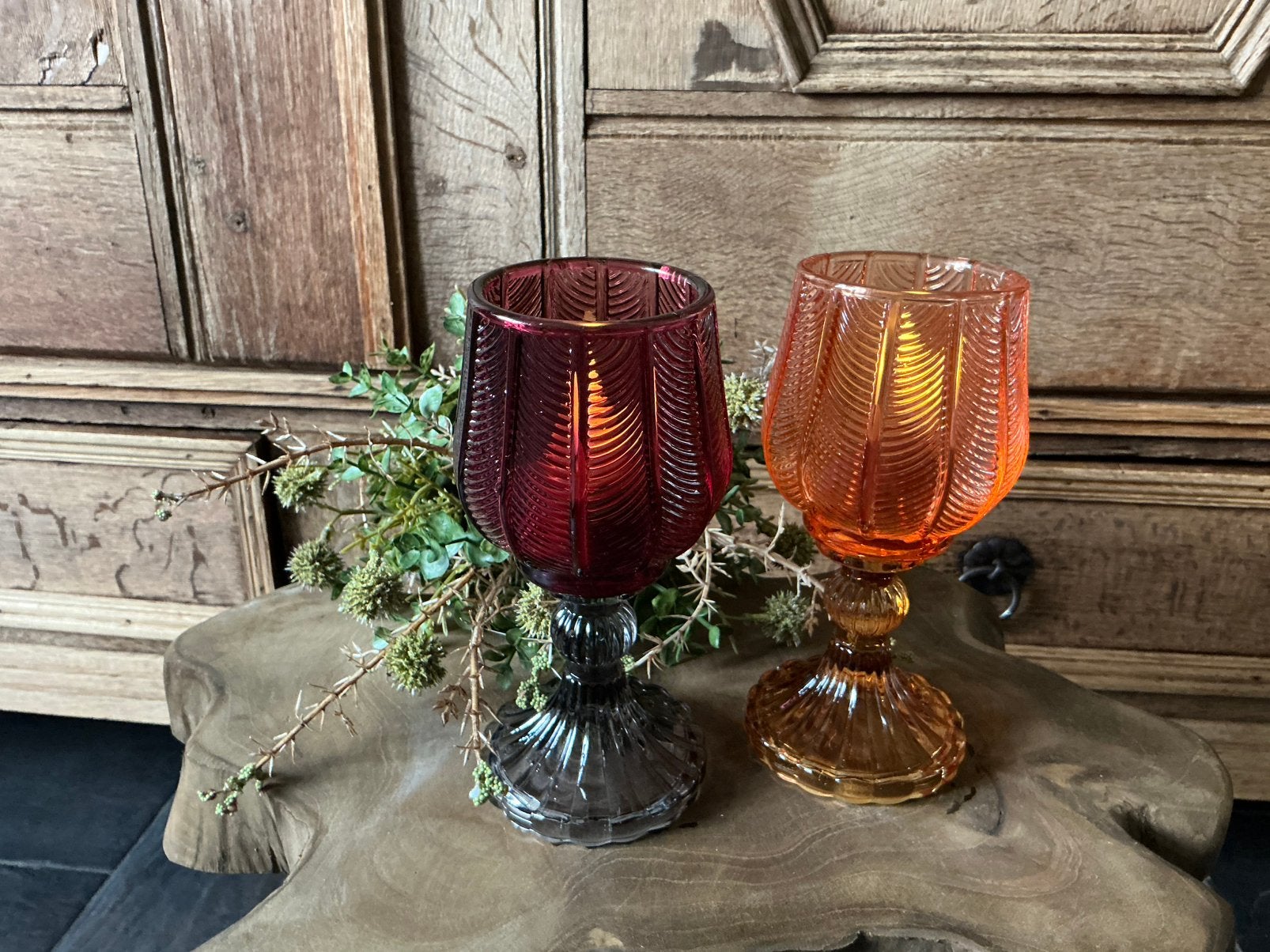 NIEUW set luxe glazen windlichten op voet, Huis en Inrichting, Woonaccessoires | Kandelaars en Kaarsen, Ophalen of Verzenden, Nieuw