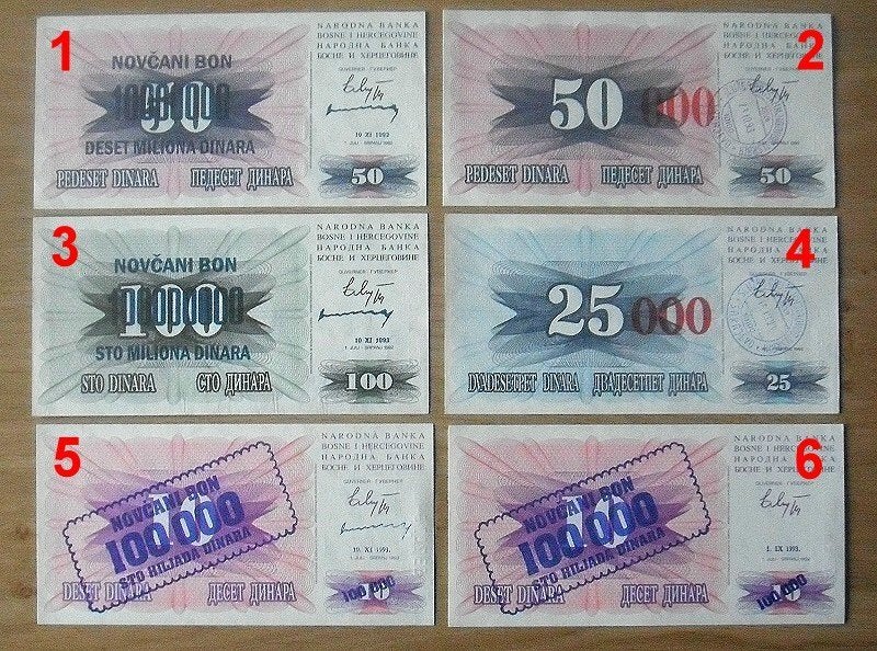 Bosnië en Herzegovina 1993, 6 Biljetten met opdruk (UNC), Verzenden, Overige landen, Setje