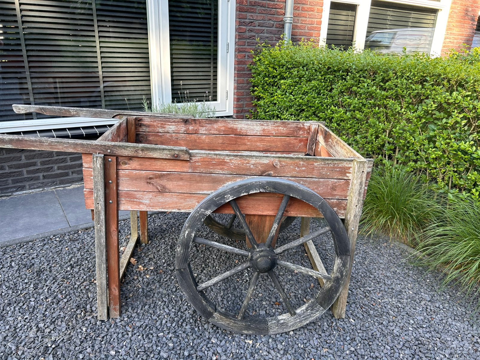 Oude houten kruiwagen - brocante - landelijke decoratie, Tuin en Terras, Ophalen, Gebruikt, 100 cm of meer, Rond