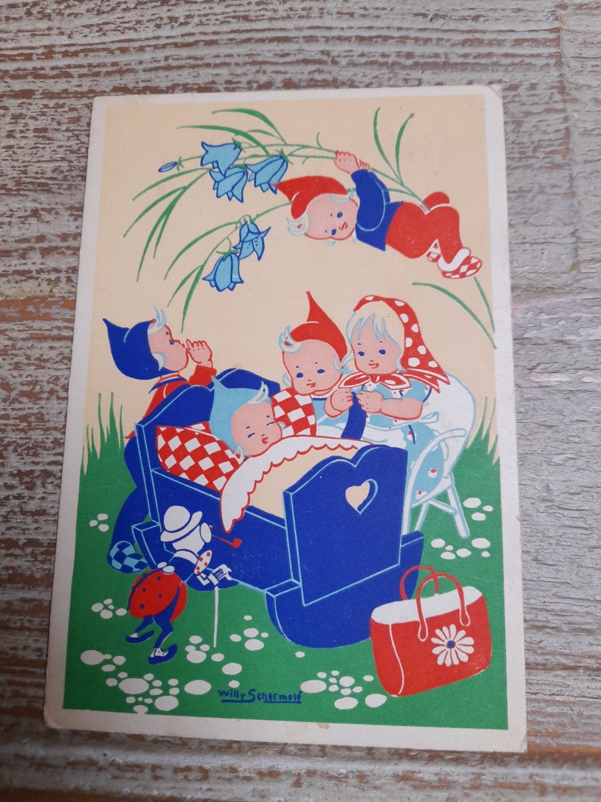 Mooie oude kinderkaart Willy Schermele  Kabouters, Verzamelen, Ophalen of Verzenden, 1940 tot 1960, Gelopen, Kinderen