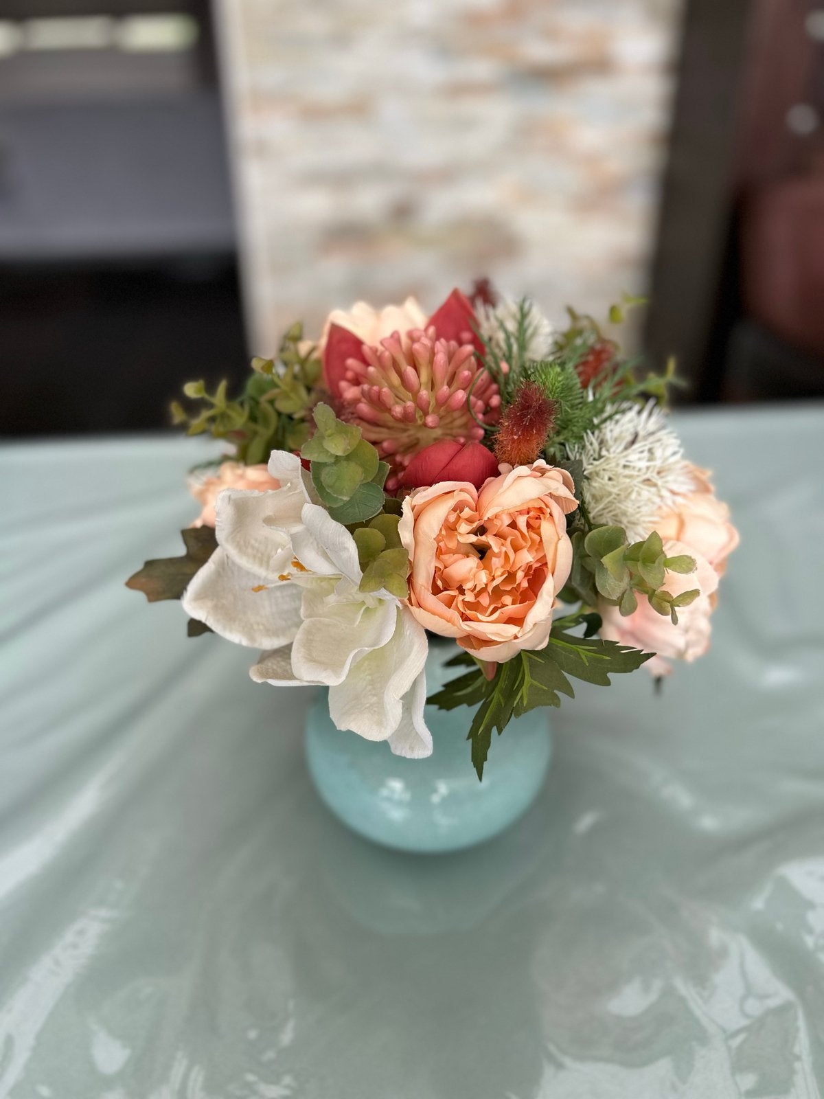 Zijde boeket pastel oranje-perzik met wit, Biedermeier, Overige stijlen, Nieuw, Ophalen of Verzenden, Oranje