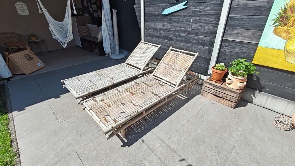 2x Ligbed - Bamboe - Naturel, Tuin en Terras, Ligbedden, Ophalen, Gebruikt, Rotan, Verstelbaar