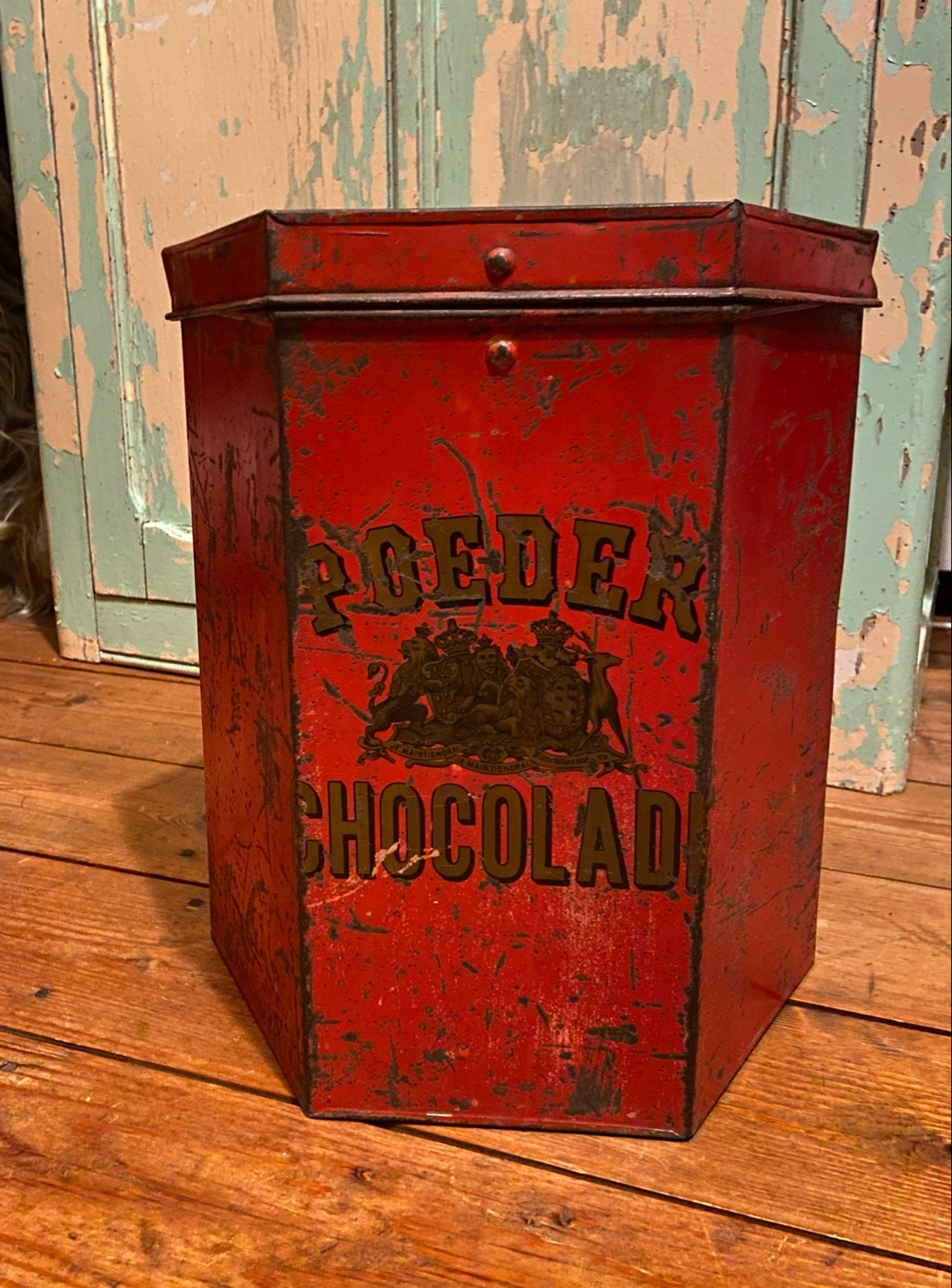 Antiek Poeder Chocolade Blik - Rood, Ophalen of Verzenden