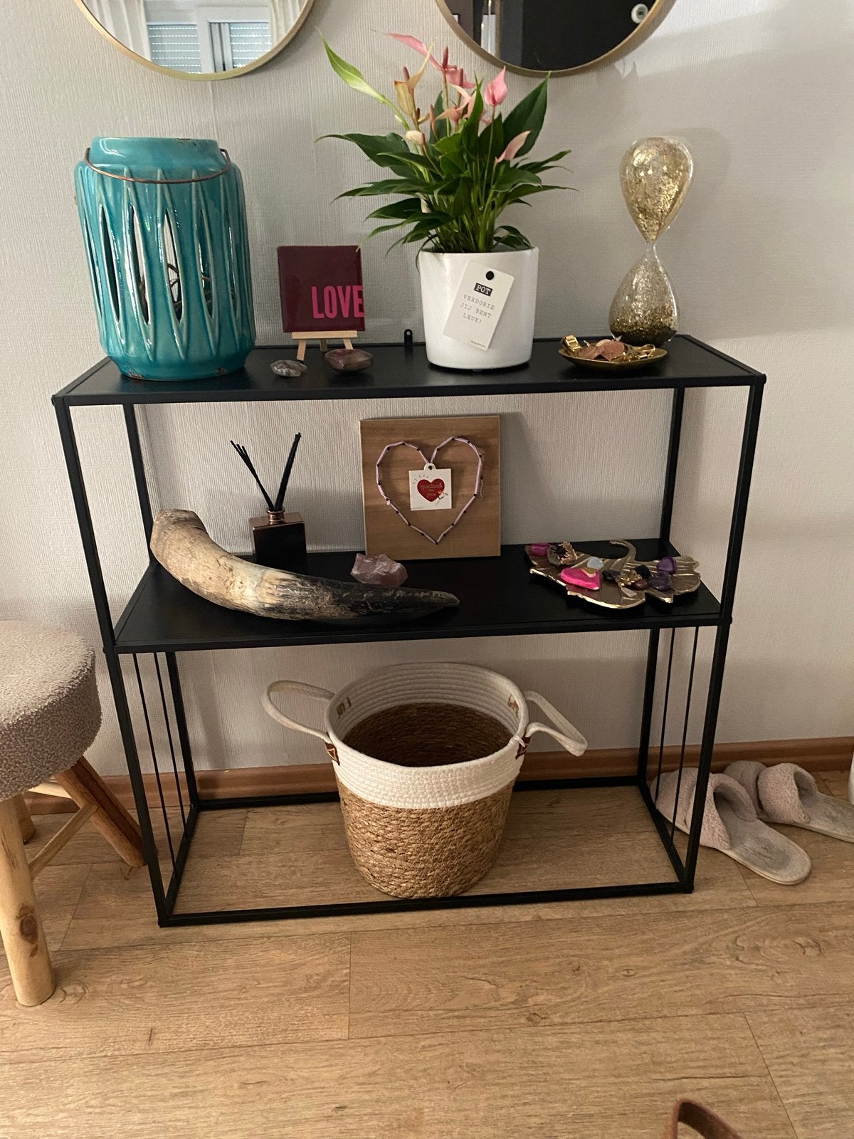 Zwart metalen wandrek/console tafel met 2 planken, Ophalen of Verzenden, Zo goed als nieuw