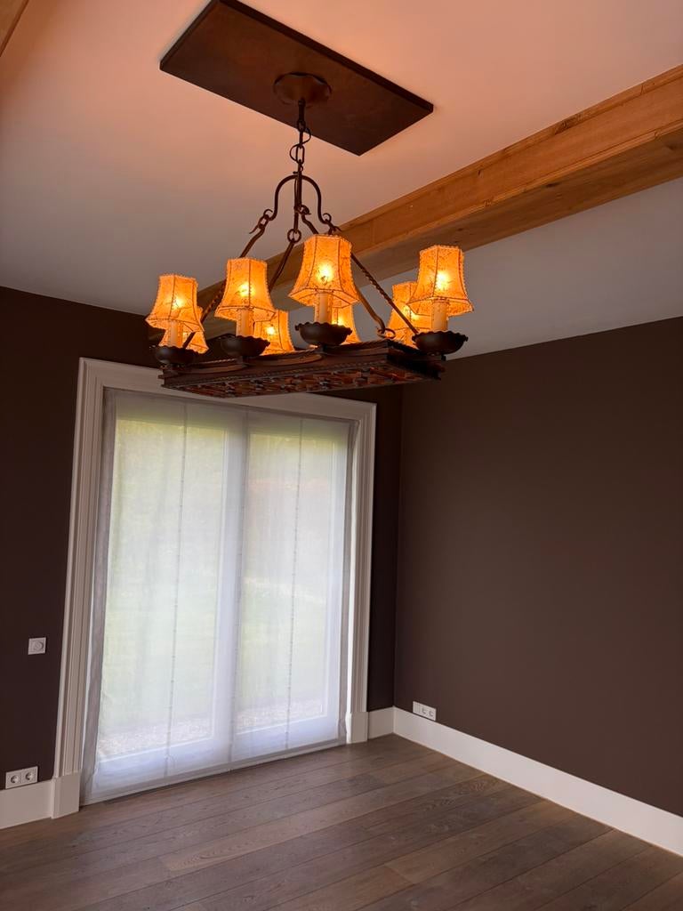 Handgemaakte smeerijzwren hanglamp, Ophalen, Zo goed als nieuw, Metaal, Karaktervol klassiek