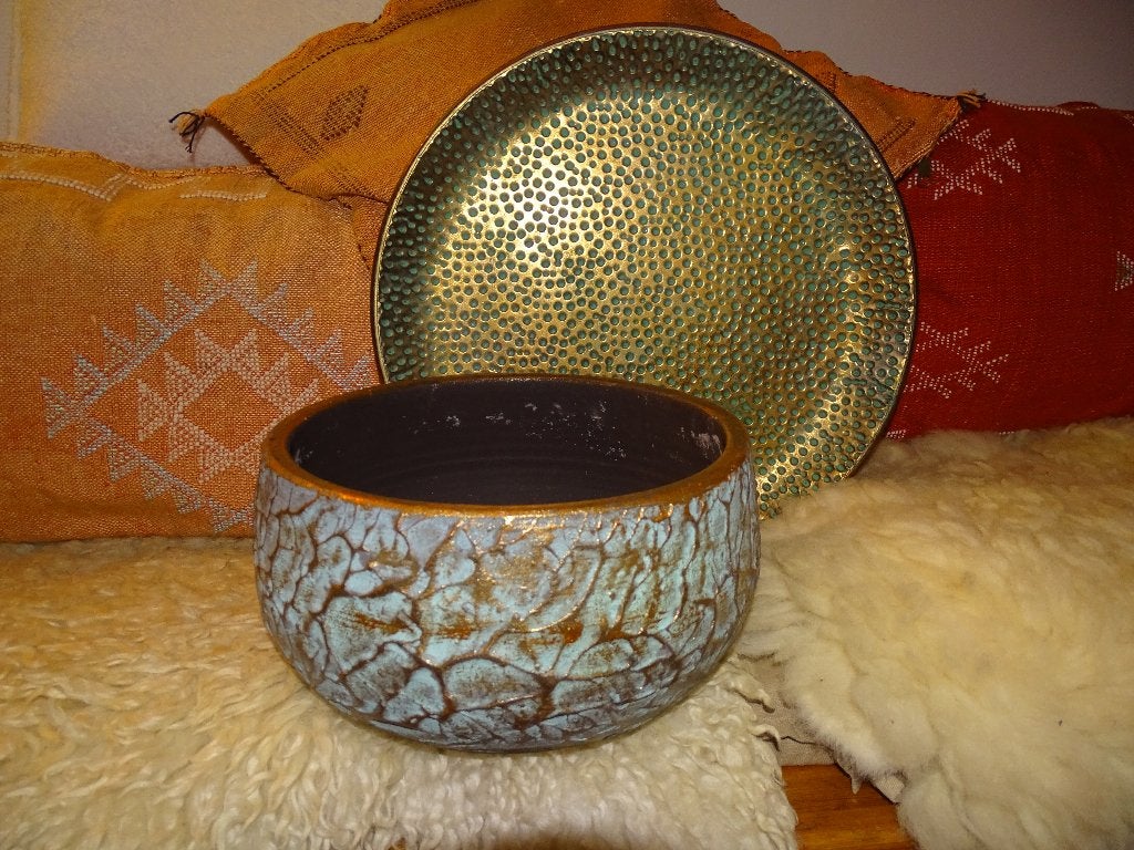 BLOEMPOT+DIENBLAD GROEN/GOUD/BRONS MODERN LANDELIJK LUXE, Rond, Ophalen of Verzenden, Zo goed als nieuw, Aardewerk