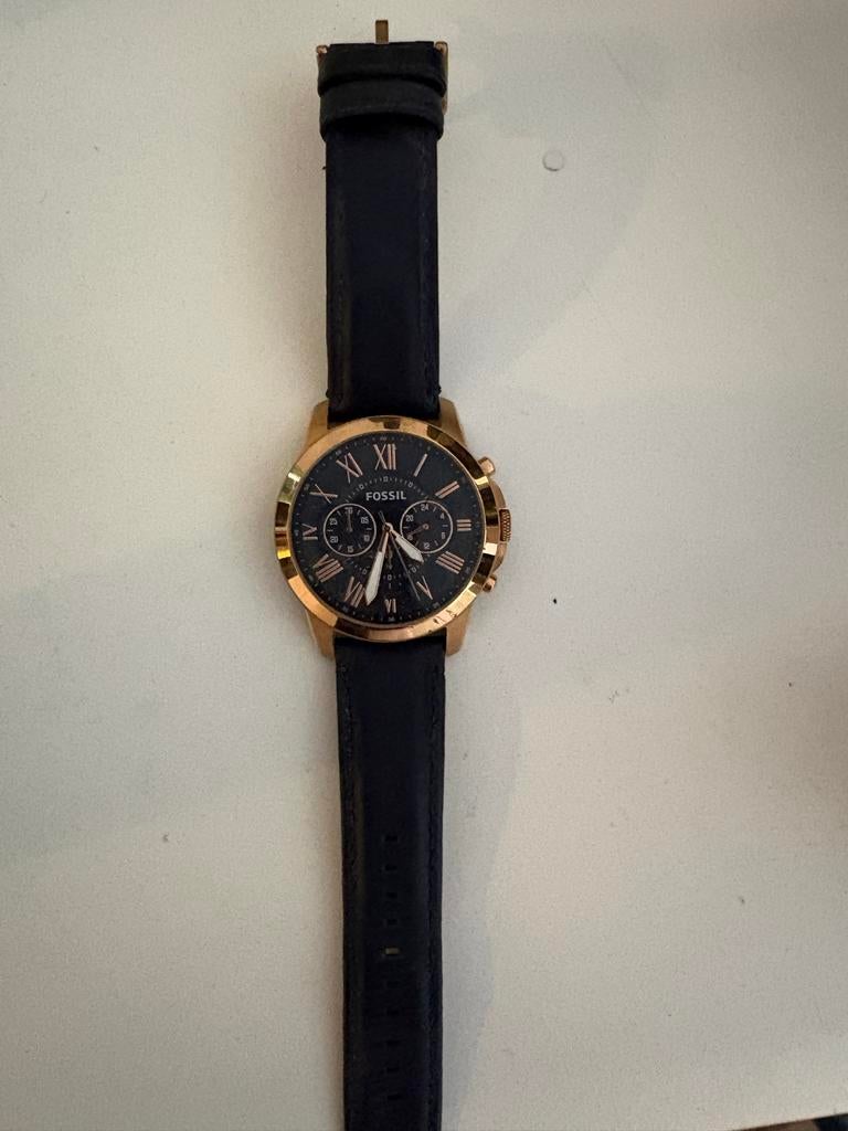 Fossil Grant Chronograph Navy Leather Horloge, Overige merken, Leer, Staal, Polshorloge