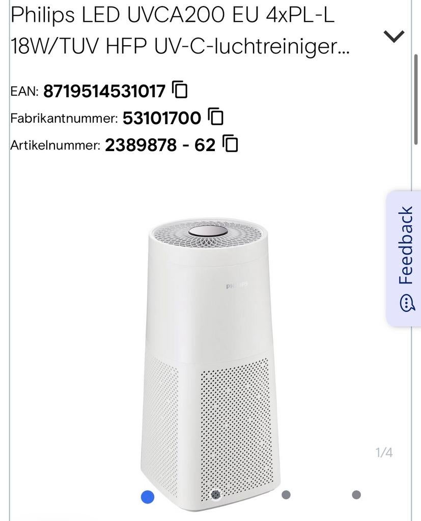 Philips LED UVCA200 EU 4xPL-L 18W/TUV HFP UV-C-luchtreiniger, Ophalen of Verzenden, Zo goed als nieuw, Luchtreiniger