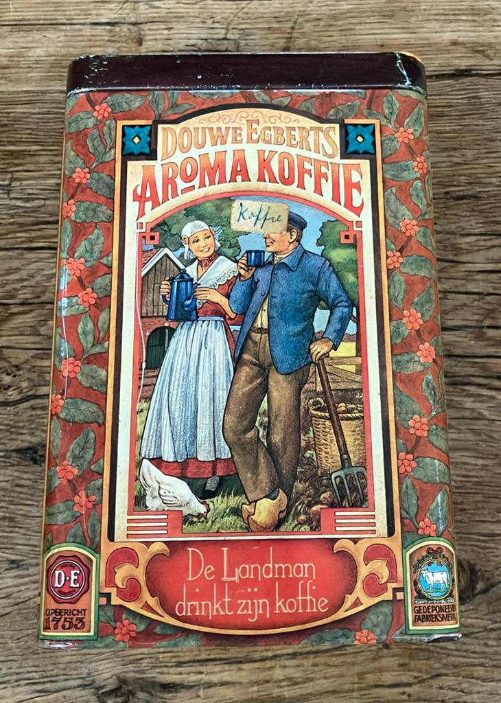 Oud Douwe Egberts aroma koffie blik met afbeeldingen, Ophalen of Verzenden, Gebruikt, Verpakking