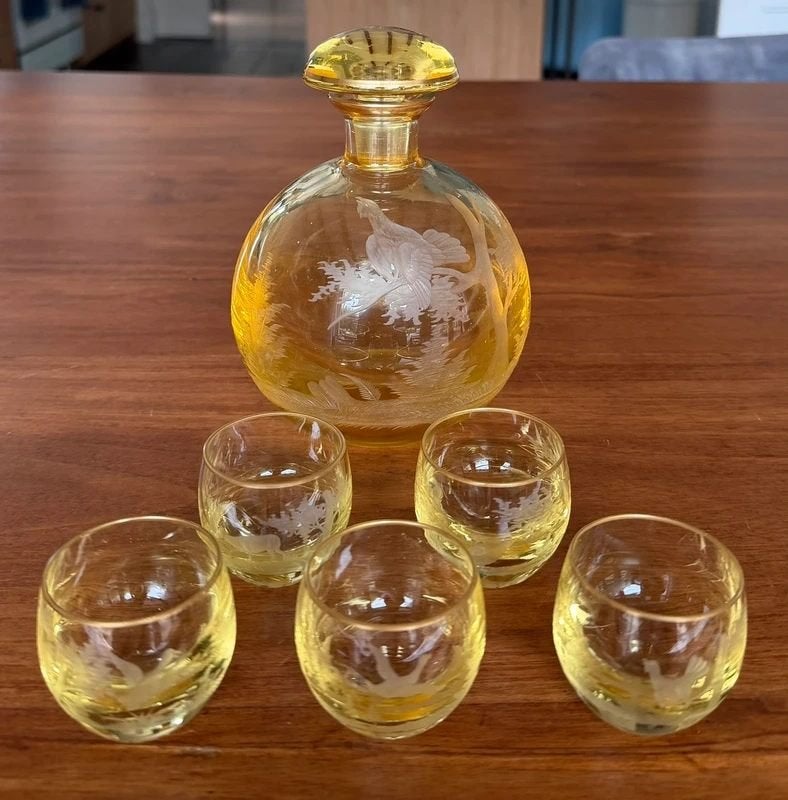 Kristallen karaf met borrelglaasjes jacht, Ophalen of Verzenden, Zo goed als nieuw, Borrel- of Shotglas