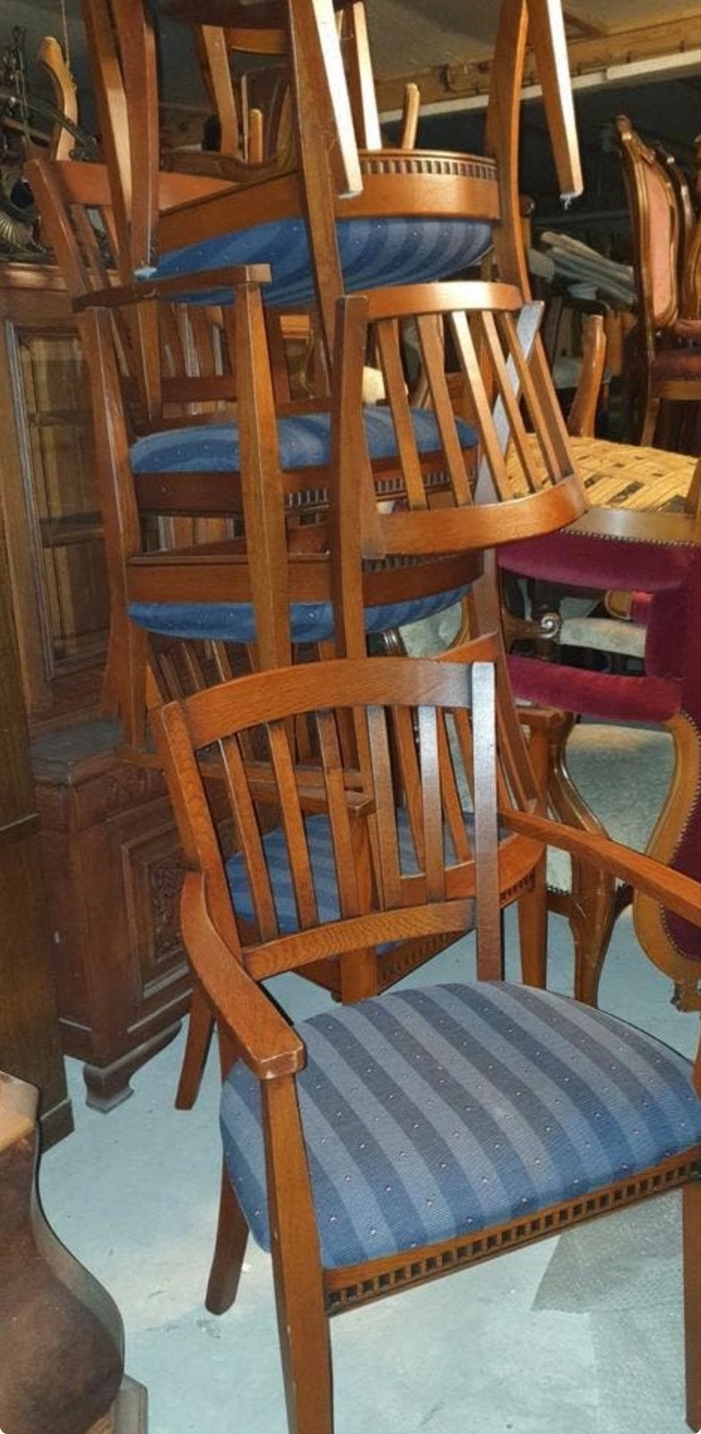 Set kersenhouten eetkamerstoelen met blauwe bekleding, Ophalen, Gebruikt, Blauw, Stof