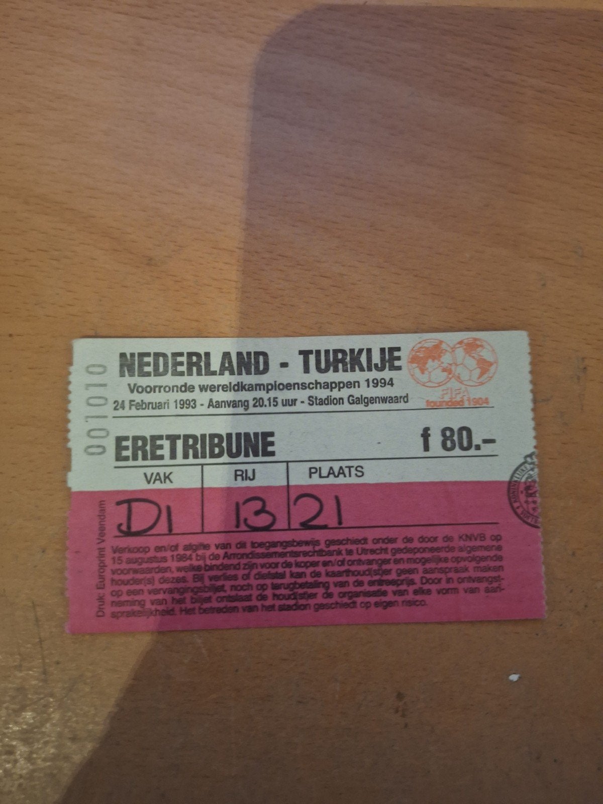 TICKET 1993 Nederland v Turkije, Verzamelen, Sportartikelen en Voetbal, Ophalen of Verzenden, Zo goed als nieuw, Overige binnenlandse clubs