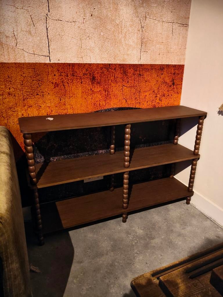 Walnoot houten boekenkast japandi kast met gedraaide poten, Ophalen, Met plank(en), Gebruikt, 100 tot 150 cm