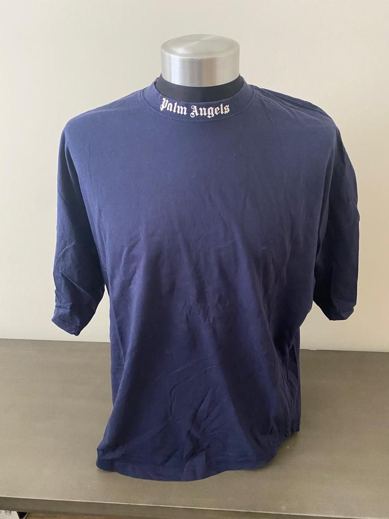 Palm Angels T-shirt - Donkerblauw met logo op kraag, Ophalen, Zo goed als nieuw, Maat 48/50 (M), Blauw