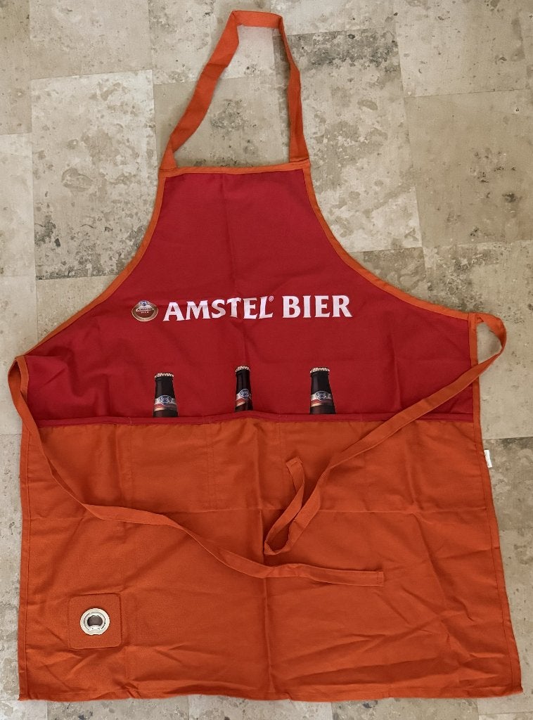 Amstel Bier schort voor 3 flessen bier + flesopener, Ophalen of Verzenden, Gebruikt, Overige typen, Amstel