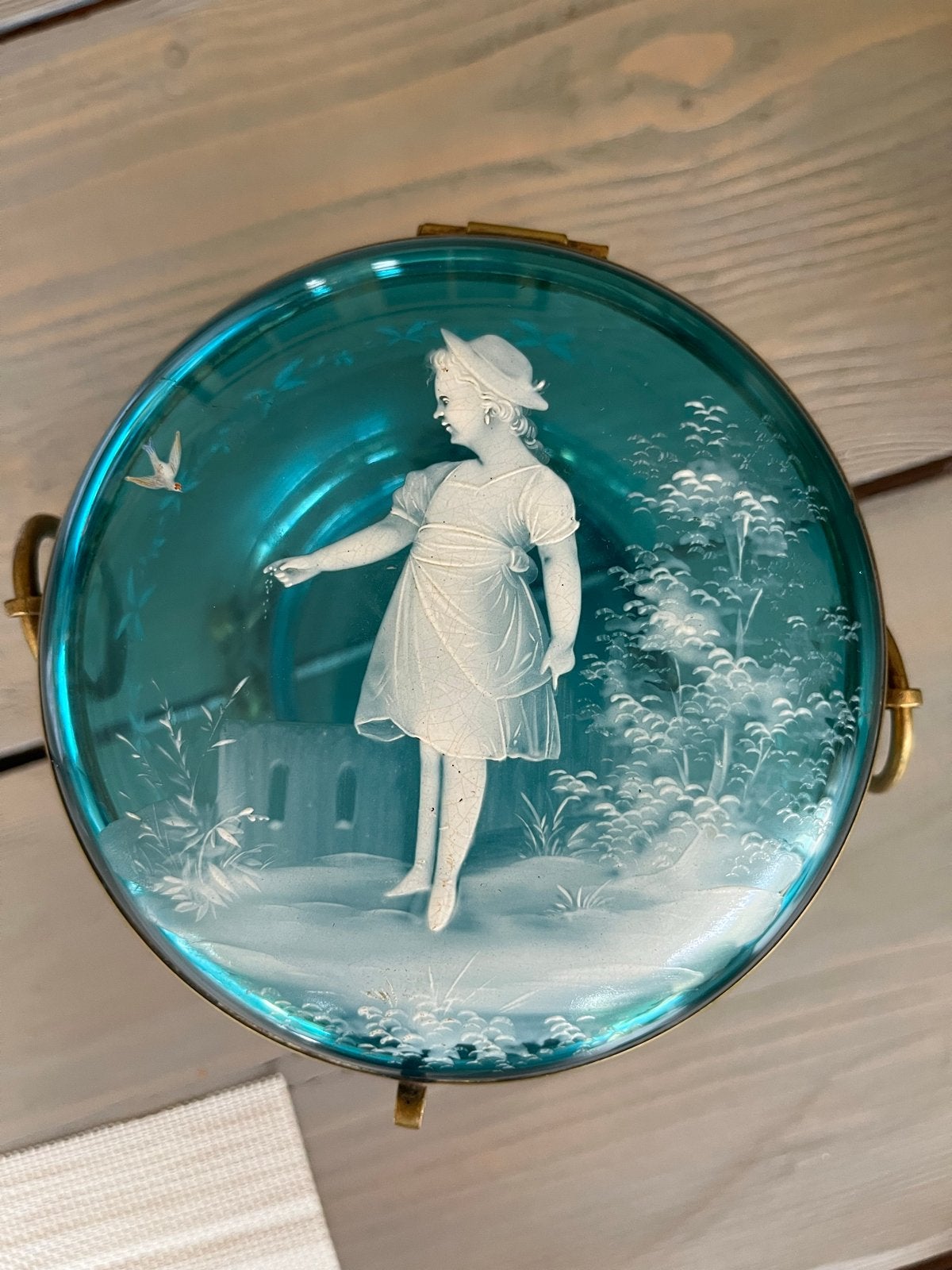 Antieke Franse Opaline Glazen Juwelendoos met Emaille, Ophalen