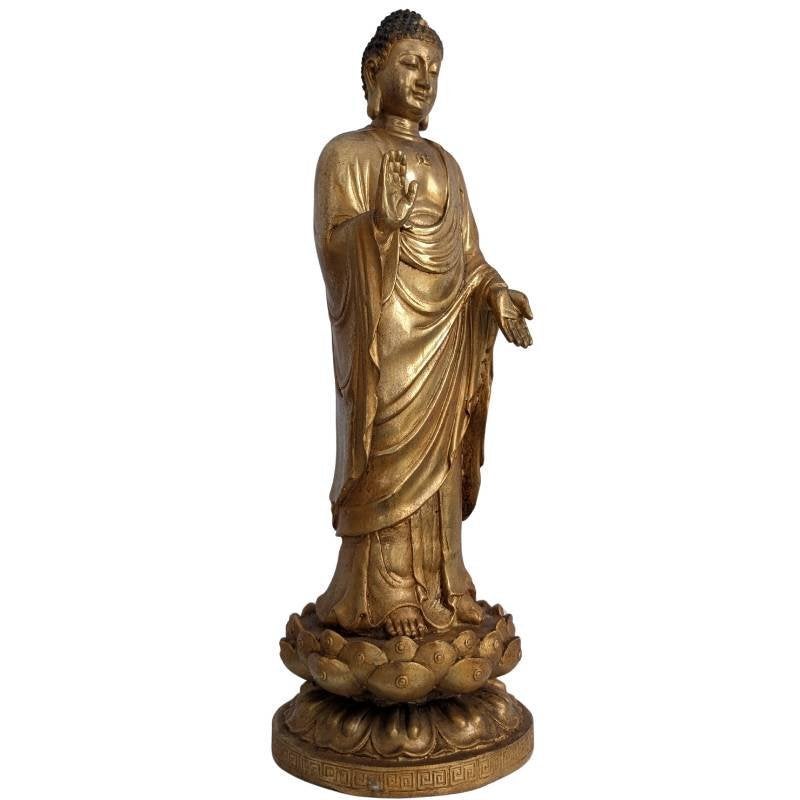 Staande Chinese Vergulde Bronzen Boeddha –Abhaya Mudra – 130, Gebruikt, Ophalen of Verzenden, 46 cm, Goud