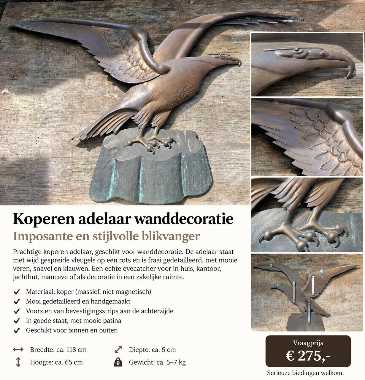 Koperen Adelaar Wanddecoratie - Imposante Blikvanger, Ophalen, Metaal, Wandsculptuur, Gebruikt
