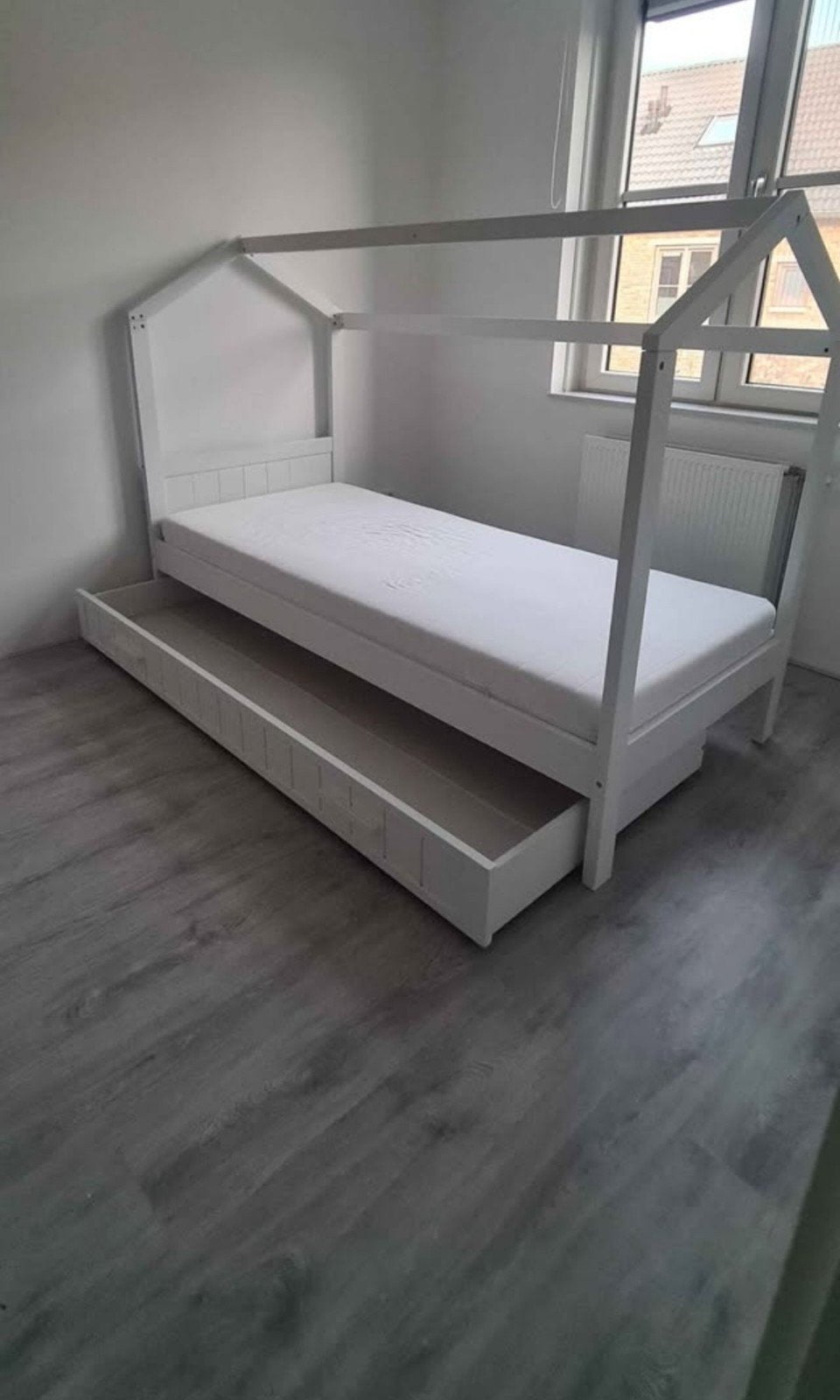 Montessori bed met matras en uitschuifbed, Ophalen, 90 cm, Eenpersoons, Wit