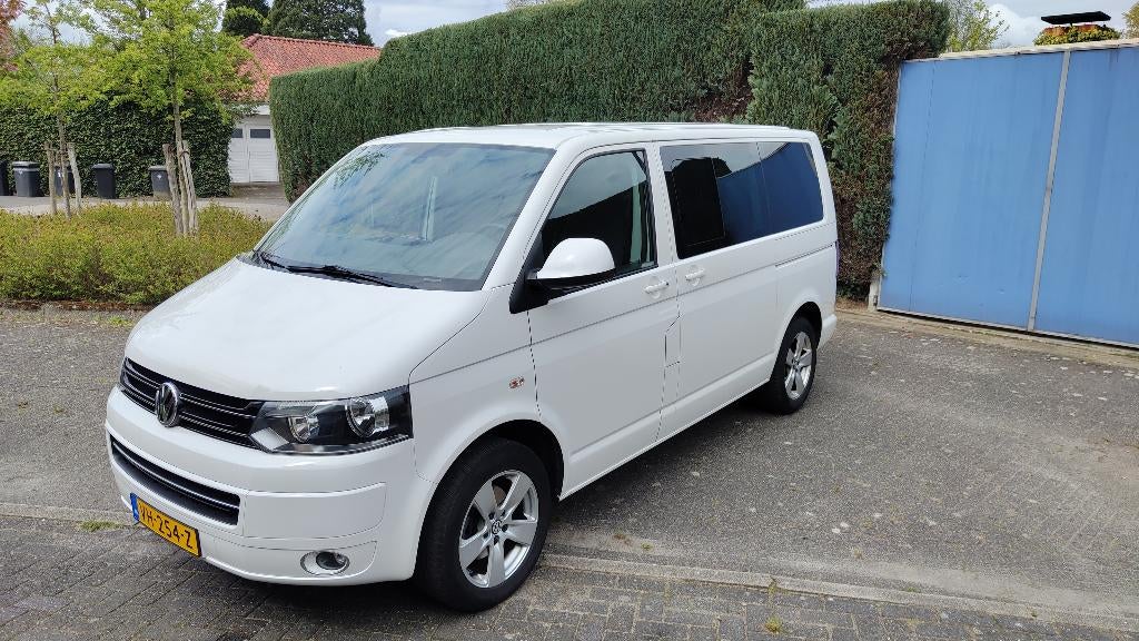 VW Transporter 2.0TDI 140PK dubbele cabine 2x schuifdeur DSG, Stof, 4 cilinders, Volkswagen, Wit